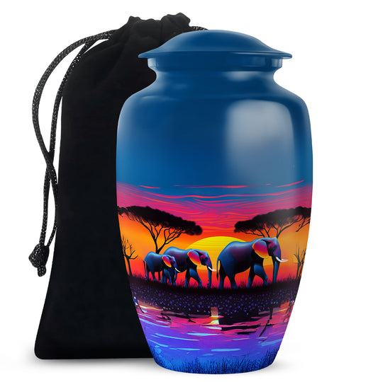 Powder Blue Elephant Cremation Urn angled view of lid and engraved motif - timeless elephant motif etched into premium metal - full-size 10 inch 200 cubic inch adult cremation urn