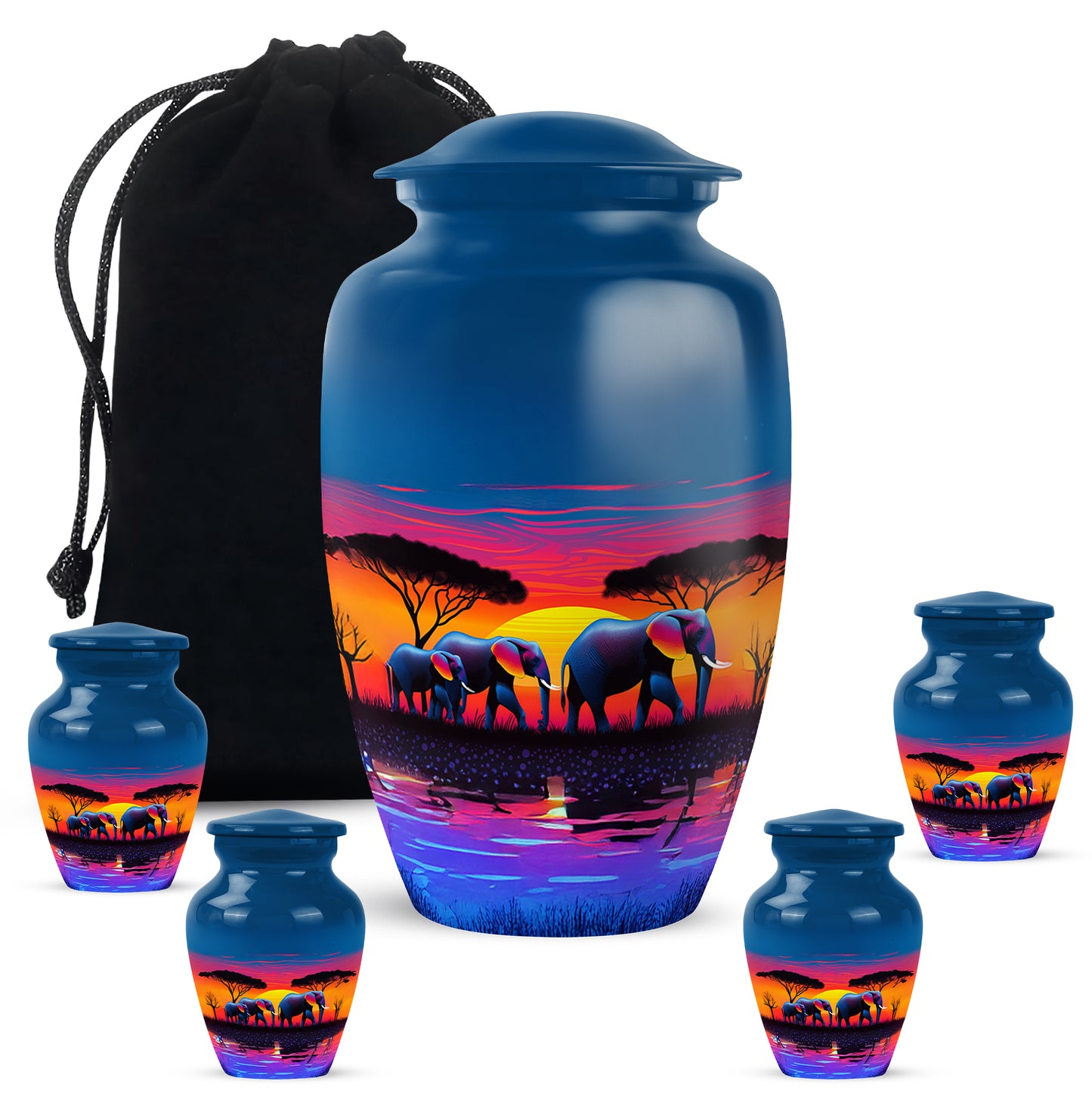 Royal Blue Elephant Cremation Urn top-down view of secure threaded lid - traditional elephant engraving with hand-polished finish - memorial set with one large and four small urns