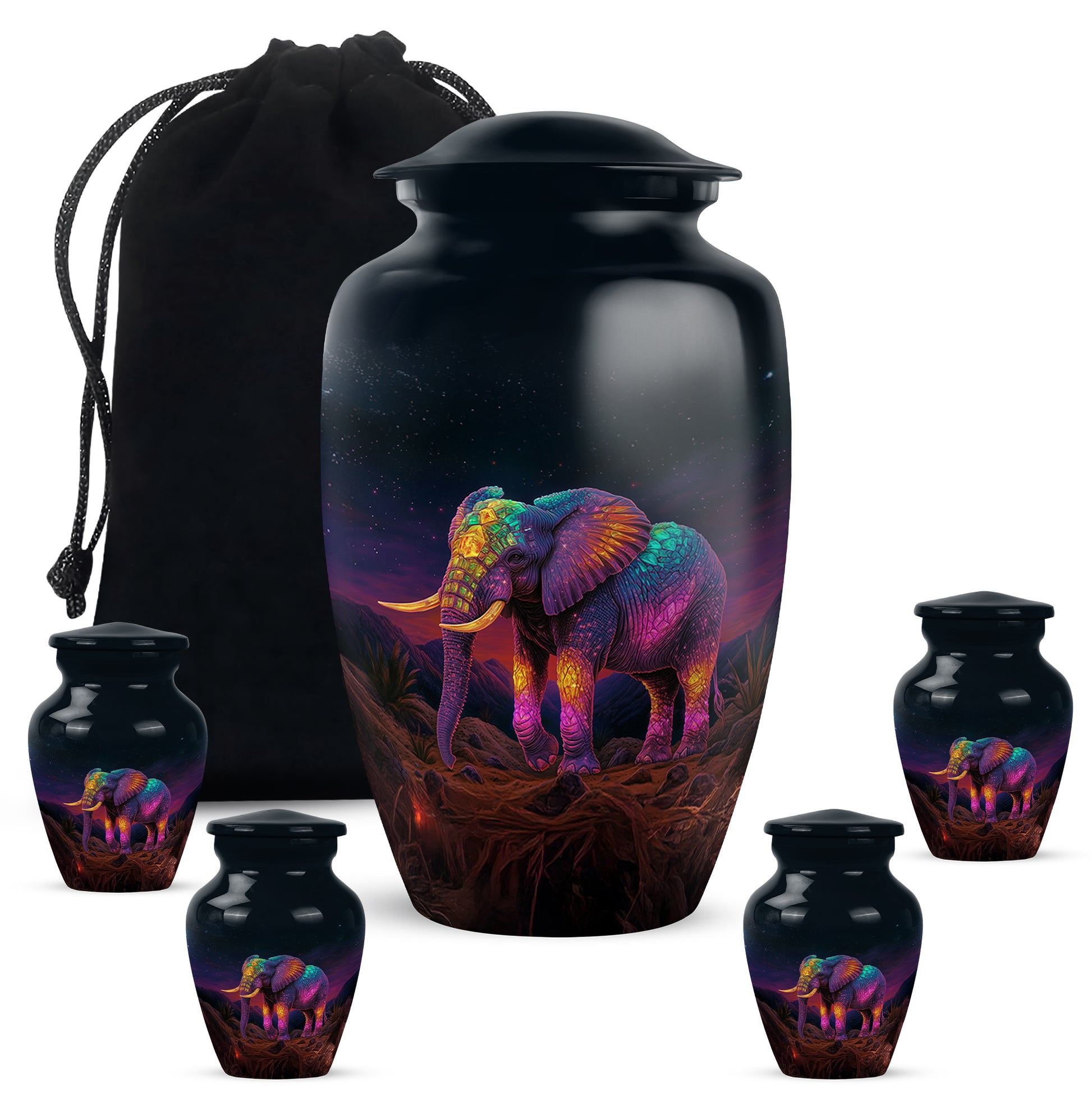 Obsidian Black Elephant Cremation Urn top-down view of secure threaded lid - traditional elephant engraving with hand-polished finish - memorial set with one large and four small urns