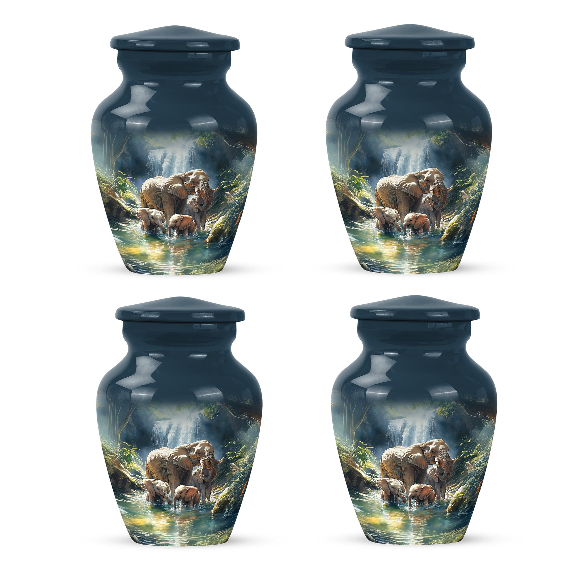 Navy Blue Elephant Cremation Urn side profile showing urn shape - timeless elephant motif etched into premium metal - 10 inch aluminum urn for cremated remains