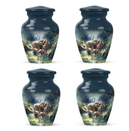 Navy Blue Elephant Cremation Urn side profile showing urn shape - timeless elephant motif etched into premium metal - 10 inch aluminum urn for cremated remains