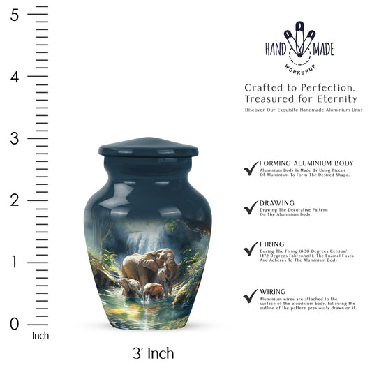 Steel Blue Elephant Cremation Urn close-up of engraving and surface detail - traditional elephant engraving with hand-polished finish - mini keepsake memorial for portion of cremation ashes