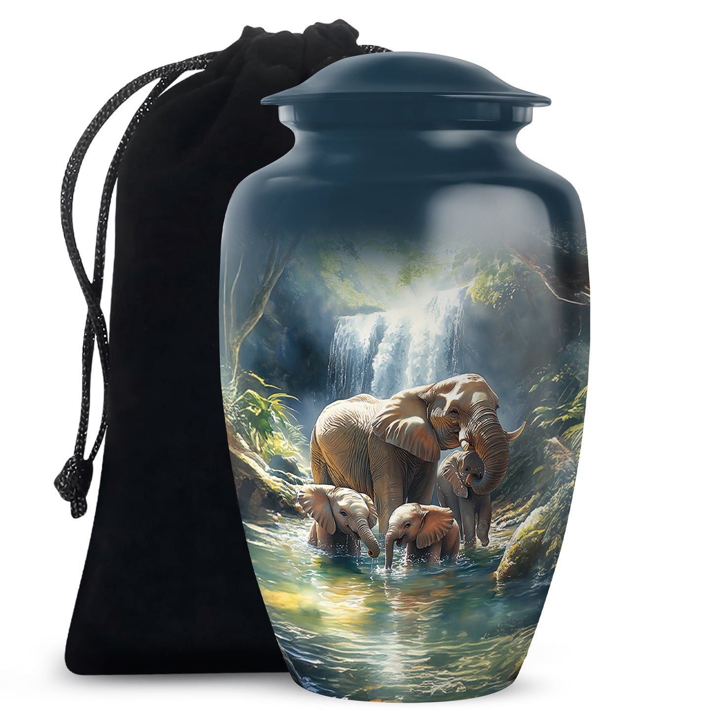 Celestial Blue Elephant Cremation Urn angled view of lid and engraved motif - timeless elephant motif etched into premium metal - full-size 10 inch 200 cubic inch adult cremation urn