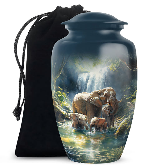 Celestial Blue Elephant Cremation Urn angled view of lid and engraved motif - timeless elephant motif etched into premium metal - full-size 10 inch 200 cubic inch adult cremation urn