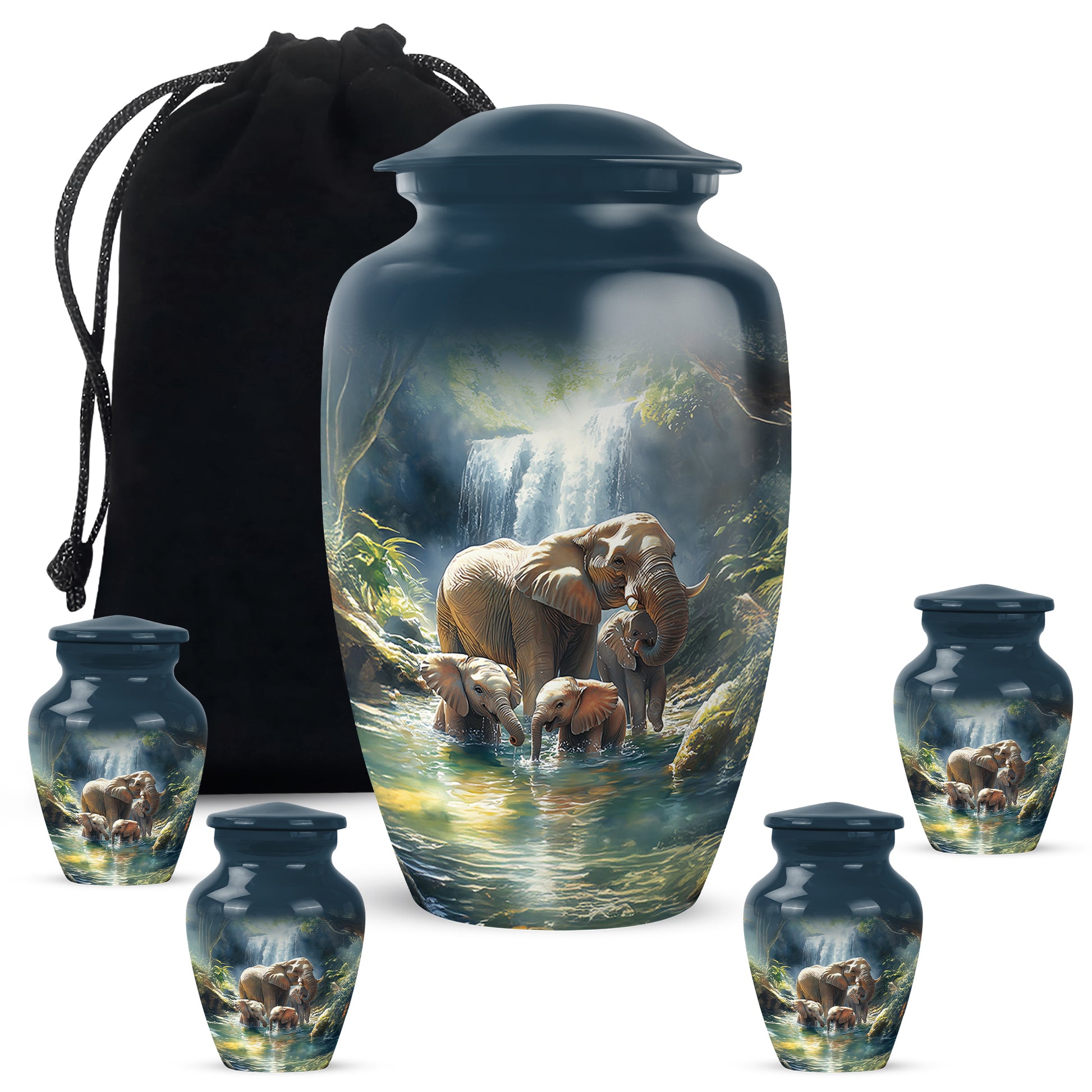 Calming Blue Elephant Cremation Urn top-down view of secure threaded lid - traditional elephant engraving with hand-polished finish - memorial set with one large and four small urns