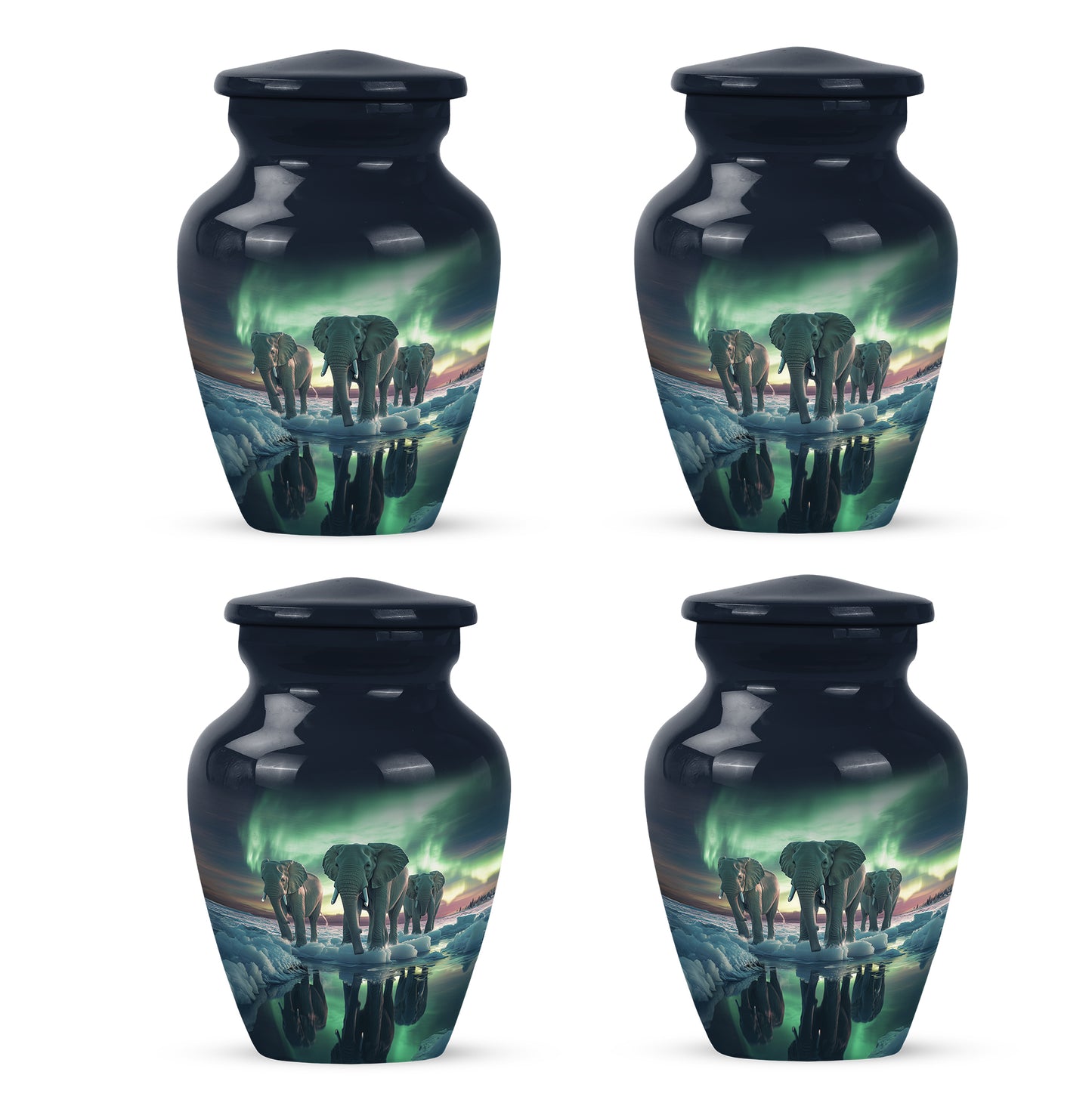 Indigo Elephant Cremation Urn side profile showing urn shape - classic sculpted elephant pattern on smooth aluminum - 10 inch aluminum urn for cremated remains