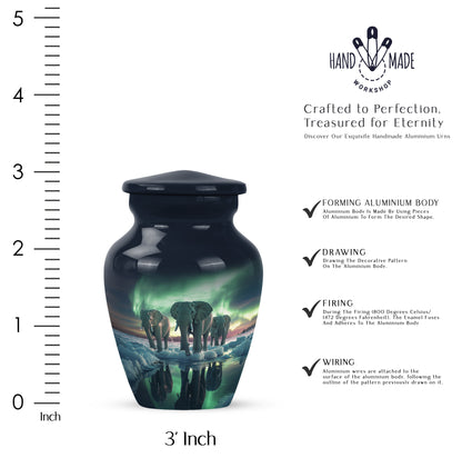 Dusty Blue Elephant Cremation Urn close-up of engraving and surface detail - timeless elephant motif etched into premium metal - mini keepsake memorial for portion of cremation ashes