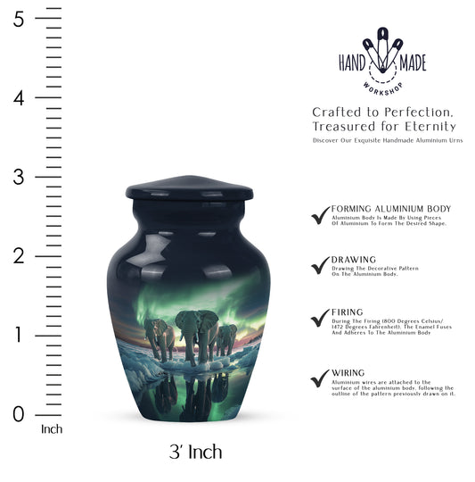 Dusty Blue Elephant Cremation Urn close-up of engraving and surface detail - timeless elephant motif etched into premium metal - mini keepsake memorial for portion of cremation ashes