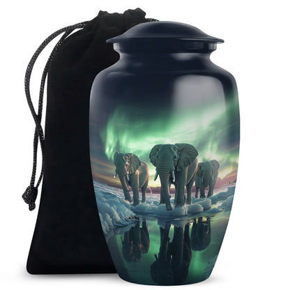 Misty Blue Elephant Cremation Urn angled view of lid and engraved motif - timeless elephant motif etched into premium metal - full-size 10 inch 200 cubic inch adult cremation urn