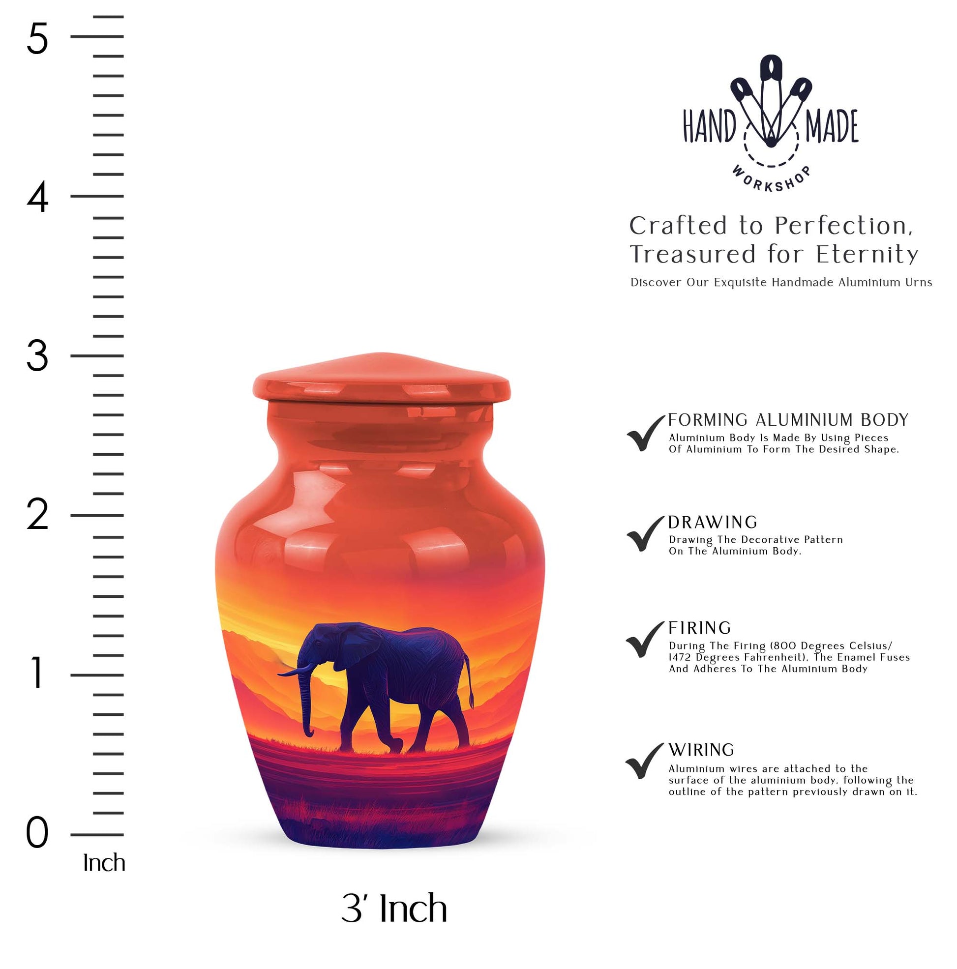 Ruby Red Elephant Cremation Urn close-up of engraving and surface detail - traditional elephant engraving with hand-polished finish - mini keepsake memorial for portion of cremation ashes