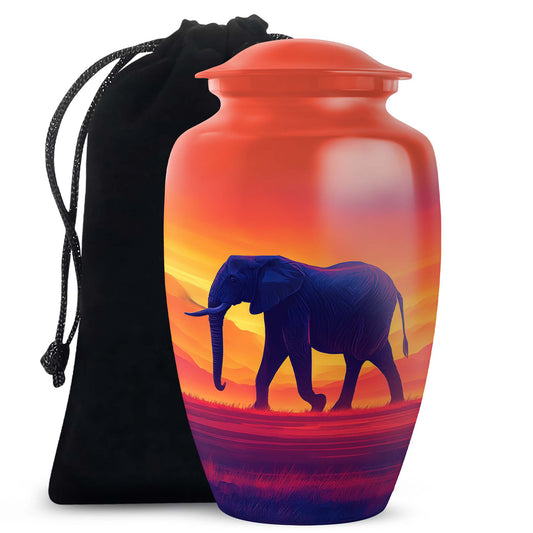 Crimson Red Elephant Cremation Urn angled view of lid and engraved motif - timeless elephant motif etched into premium metal - full-size 10 inch 200 cubic inch adult cremation urn