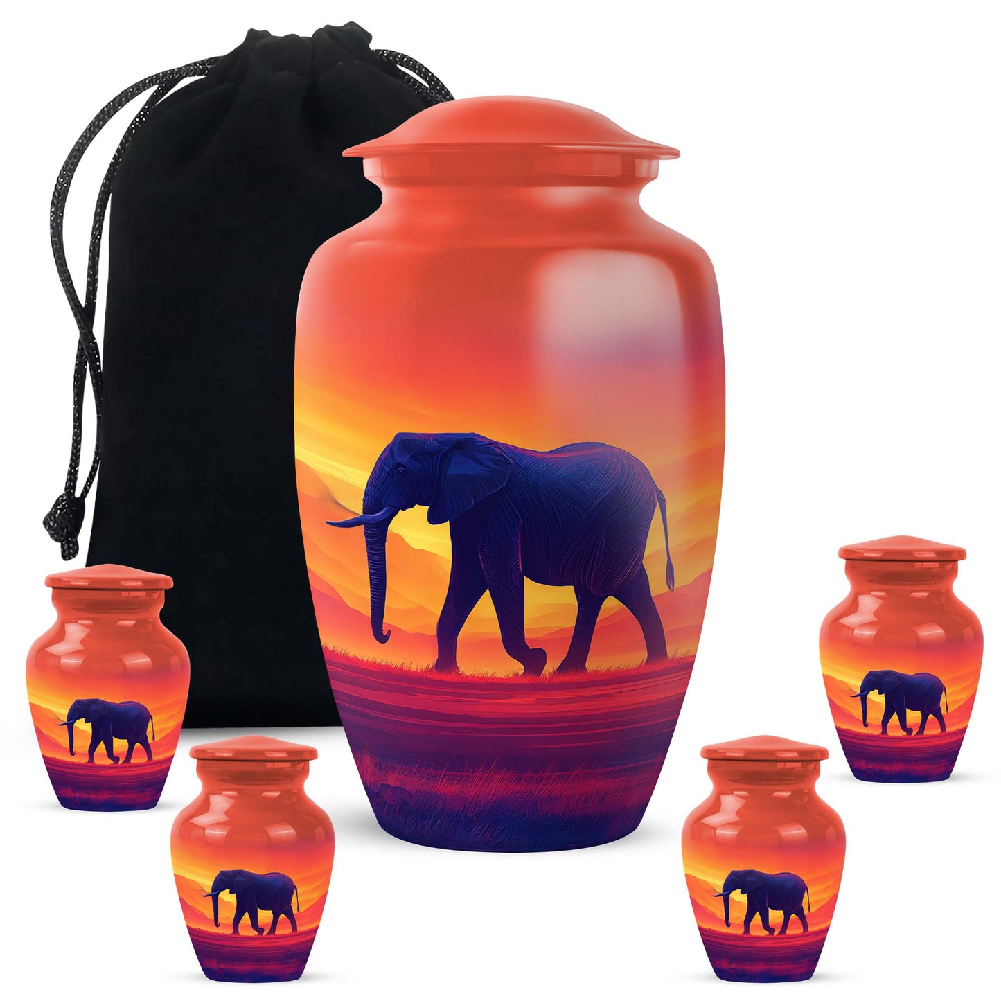 Ruby Red Elephant Cremation Urn top-down view of secure threaded lid - traditional elephant engraving with hand-polished finish - memorial set with one large and four small urns
