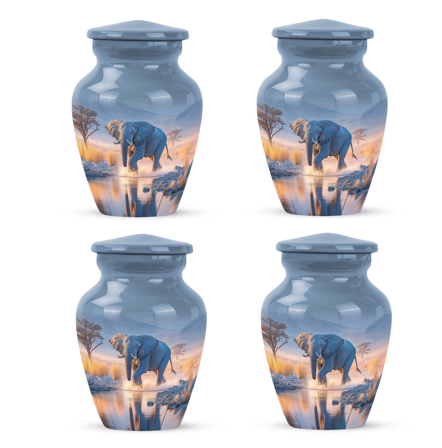 Soft Blue Elephant Cremation Urn side profile showing urn shape - traditional elephant engraving with hand-polished finish - 10 inch aluminum urn for cremated remains