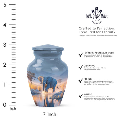 Sky Blue Elephant Cremation Urn close-up of engraving and surface detail - classic sculpted elephant pattern on smooth aluminum - mini keepsake memorial for portion of cremation ashes