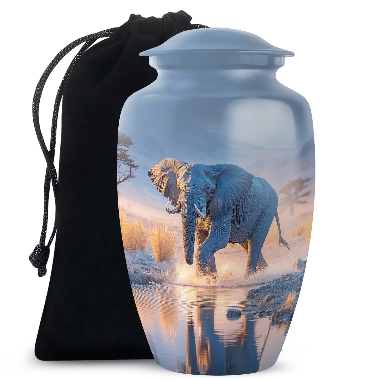 Bright Blue Elephant Cremation Urn angled view of lid and engraved motif - elegant classic elephant relief with fine detailing - full-size 10 inch 200 cubic inch adult cremation urn