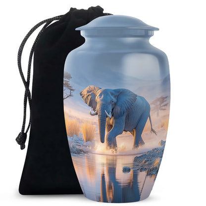 Bright Blue Elephant Cremation Urn angled view of lid and engraved motif - elegant classic elephant relief with fine detailing - full-size 10 inch 200 cubic inch adult cremation urn