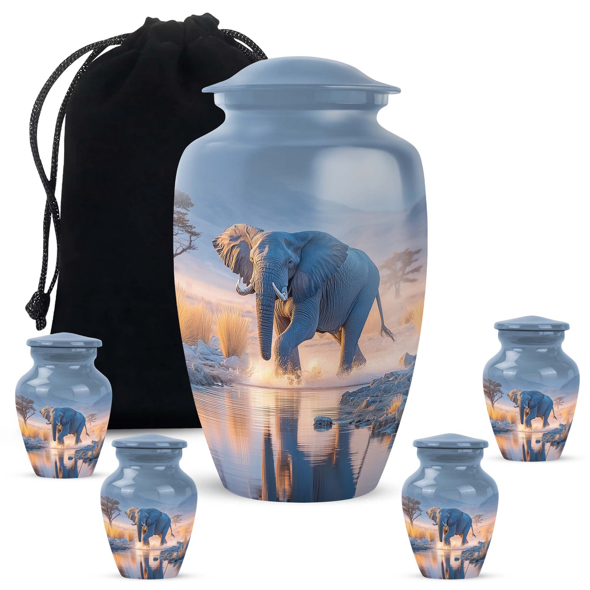 Cobalt Blue Elephant Cremation Urn top-down view of secure threaded lid - elegant classic elephant relief with fine detailing - memorial set with one large and four small urns
