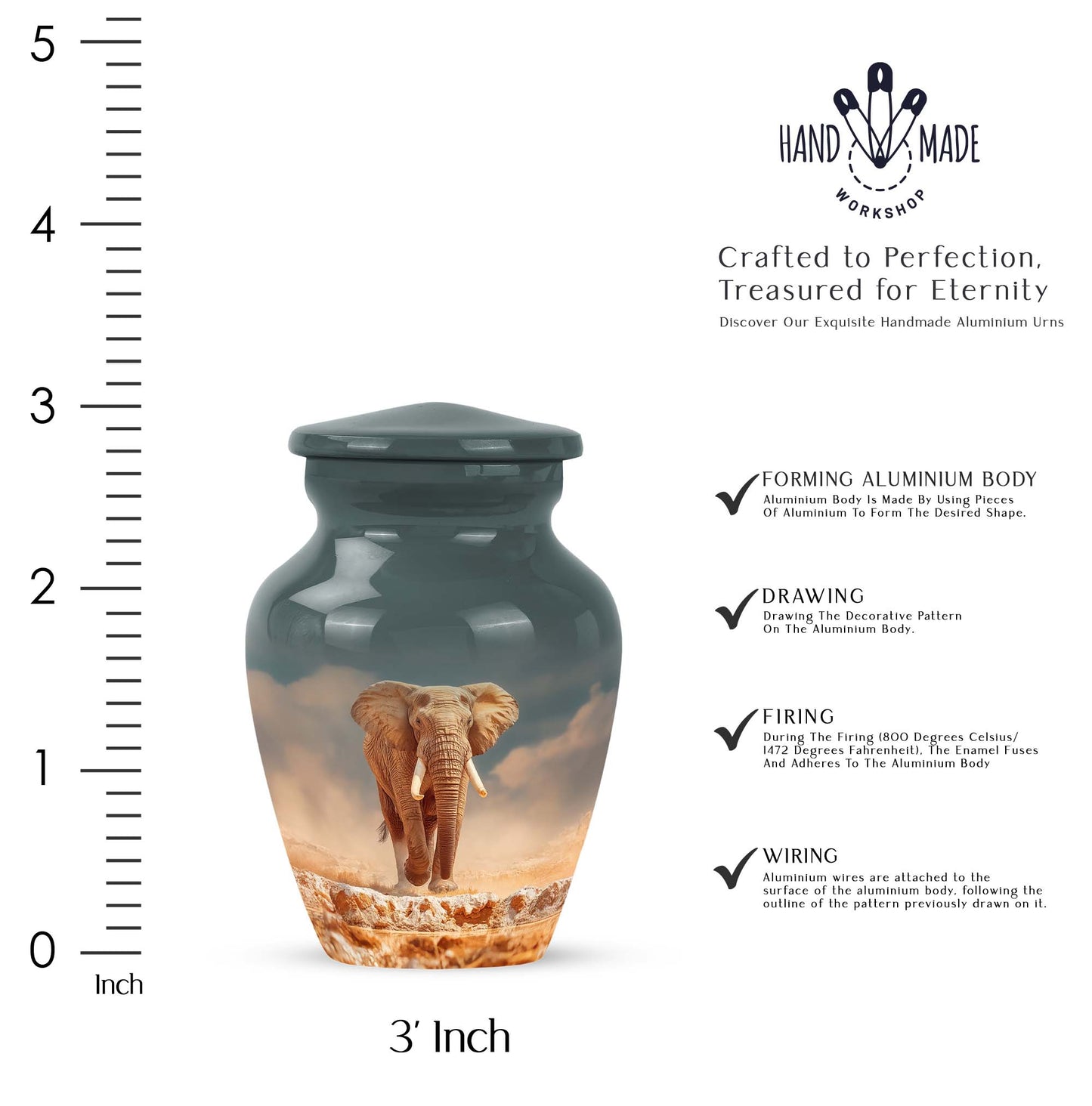Deep Teal Elephant Cremation Urn close-up of engraving and surface detail - elegant classic elephant relief with fine detailing - mini keepsake memorial for portion of cremation ashes