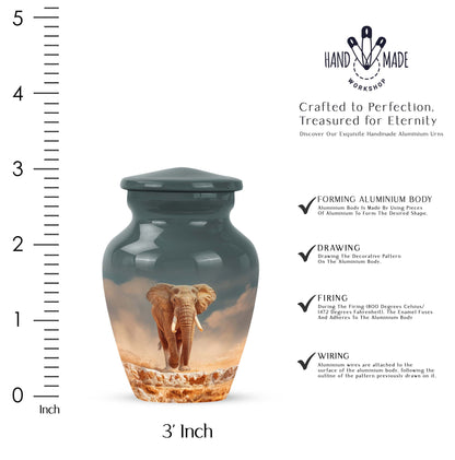 Deep Teal Elephant Cremation Urn close-up of engraving and surface detail - elegant classic elephant relief with fine detailing - mini keepsake memorial for portion of cremation ashes