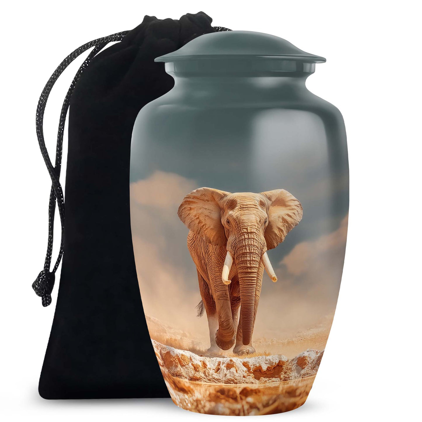 Aqua Teal Elephant Cremation Urn angled view of lid and engraved motif - traditional elephant engraving with hand-polished finish - full-size 10 inch 200 cubic inch adult cremation urn