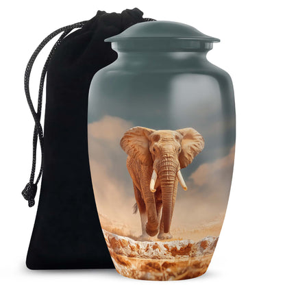 Aqua Teal Elephant Cremation Urn angled view of lid and engraved motif - traditional elephant engraving with hand-polished finish - full-size 10 inch 200 cubic inch adult cremation urn