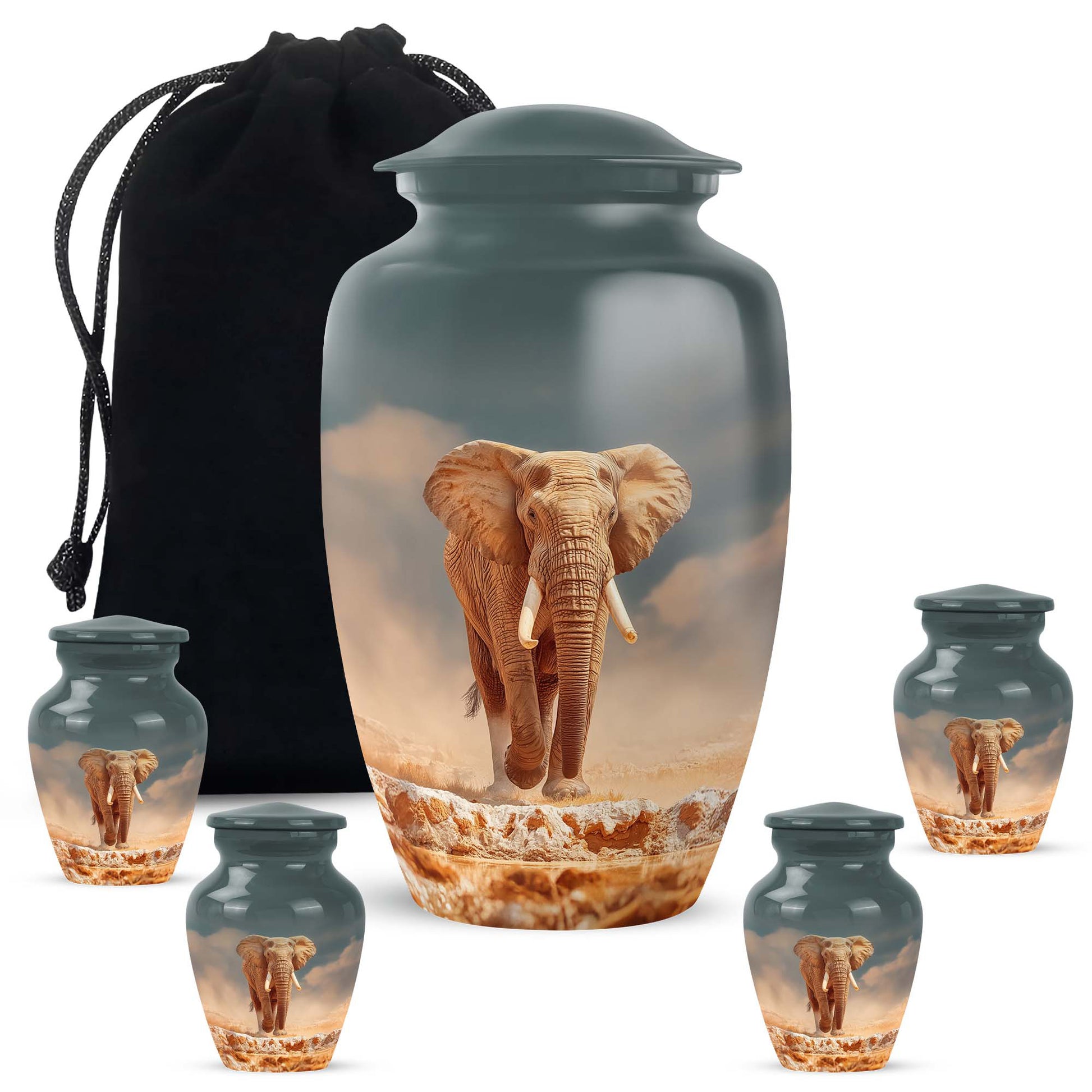 Mystic Teal Elephant Cremation Urn top-down view of secure threaded lid - traditional elephant engraving with hand-polished finish - memorial set with one large and four small urns