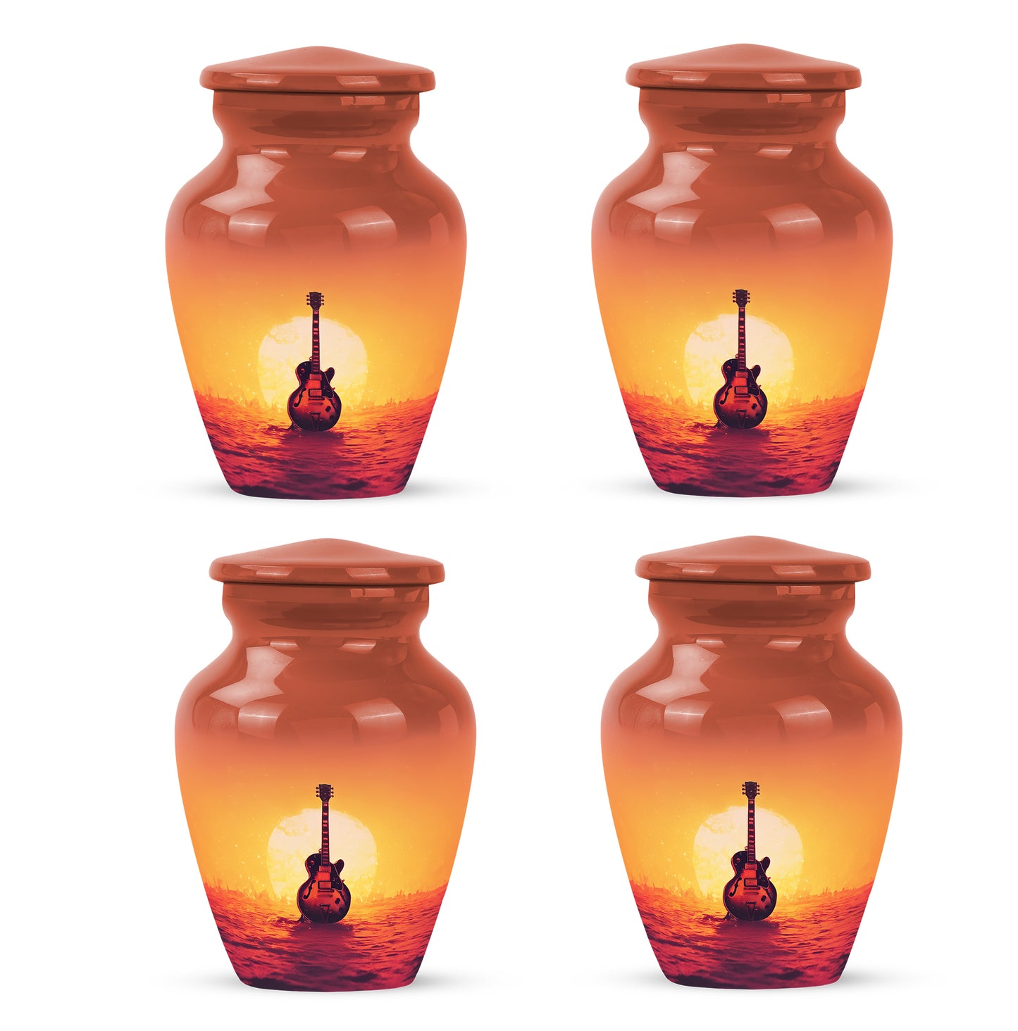 Burgundy Red Guitar Cremation Urn side profile showing urn shape - timeless guitar motif etched into premium metal - 10 inch aluminum urn for cremated remains