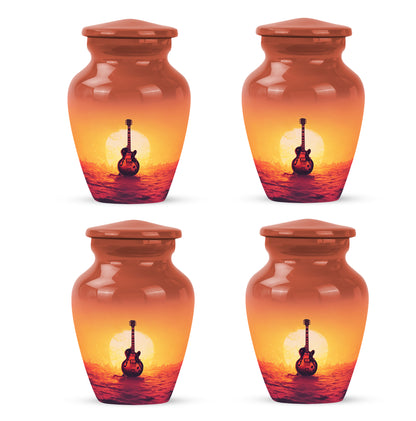 Burgundy Red Guitar Cremation Urn side profile showing urn shape - timeless guitar motif etched into premium metal - 10 inch aluminum urn for cremated remains
