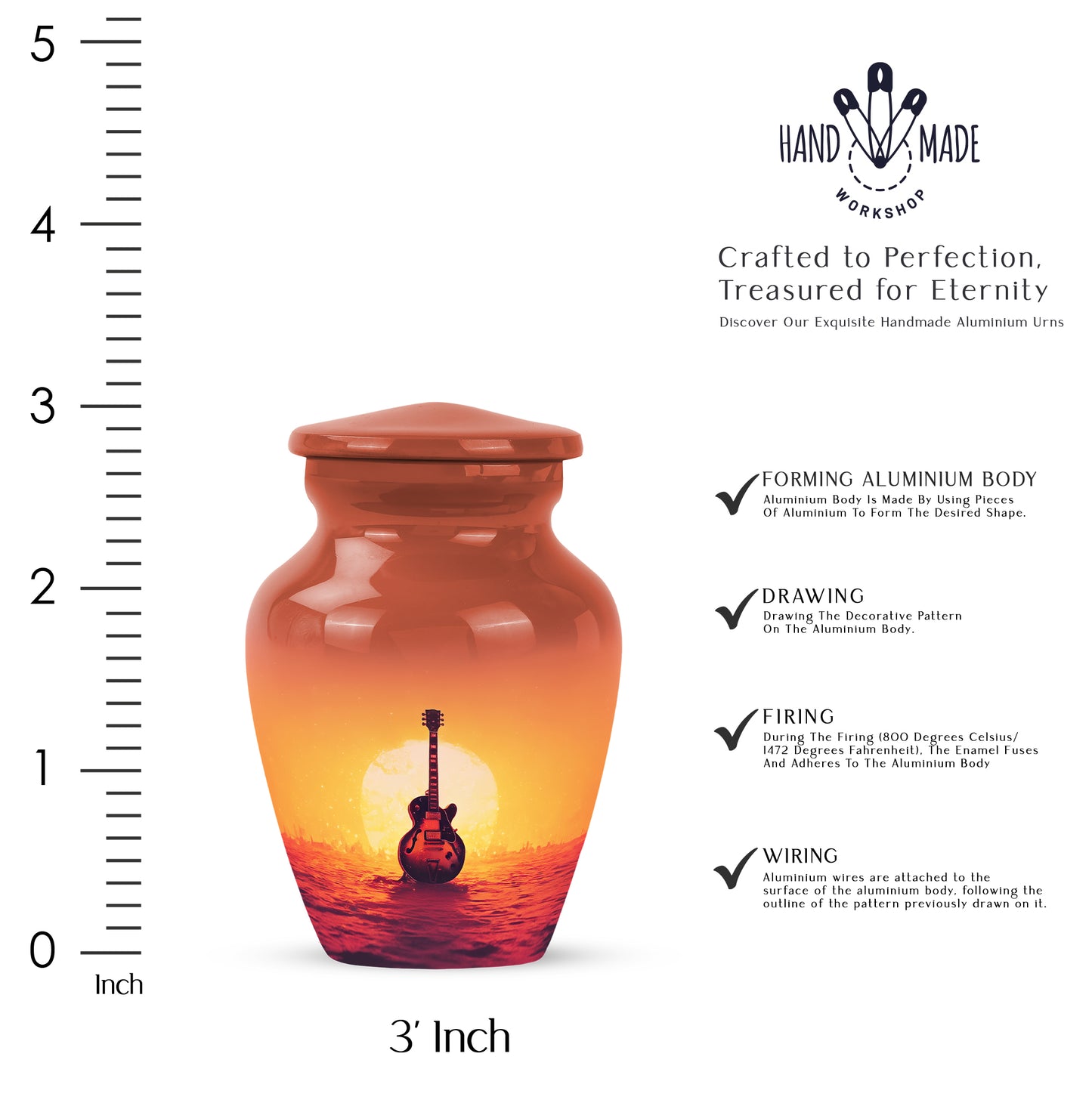 Crimson Red Guitar Cremation Urn close-up of engraving and surface detail - timeless guitar motif etched into premium metal - mini keepsake memorial for portion of cremation ashes