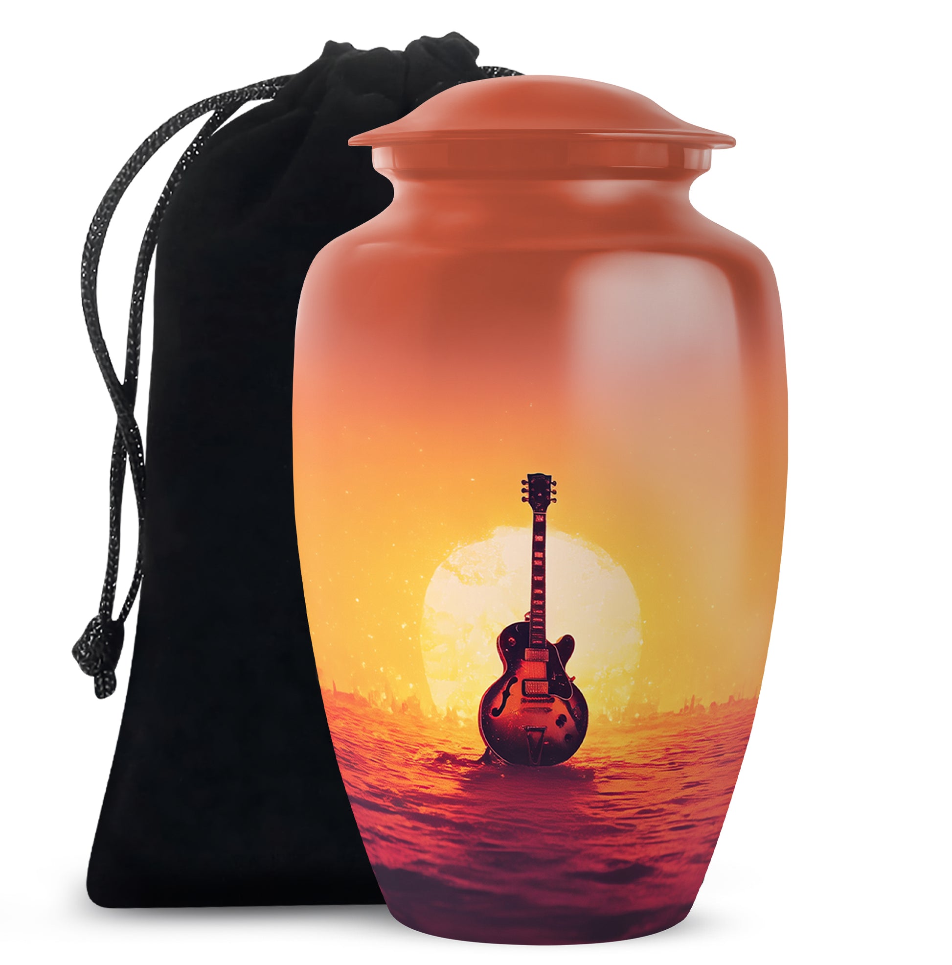 Wine Red Guitar Cremation Urn angled view of lid and engraved motif - classic sculpted guitar pattern on smooth aluminum - full-size 10 inch 200 cubic inch adult cremation urn