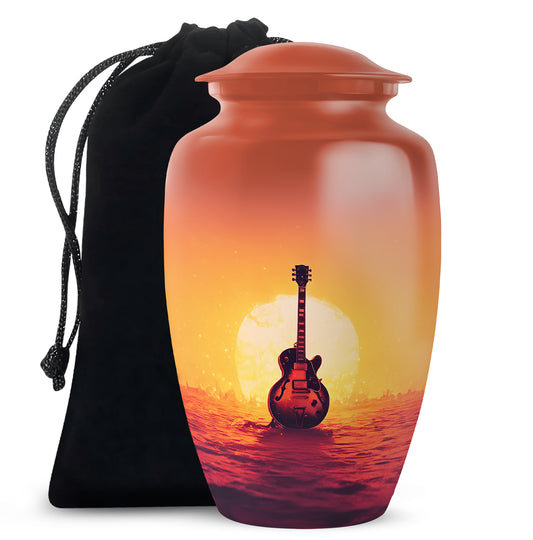 Wine Red Guitar Cremation Urn angled view of lid and engraved motif - classic sculpted guitar pattern on smooth aluminum - full-size 10 inch 200 cubic inch adult cremation urn