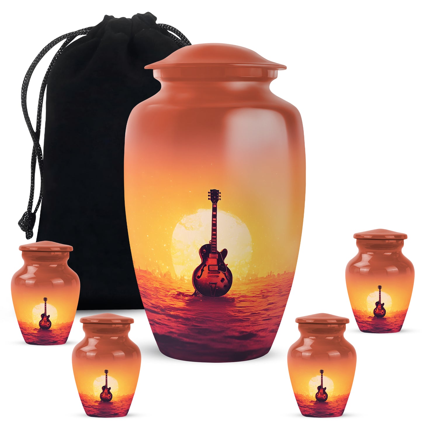Wine Red Guitar Cremation Urn top-down view of secure threaded lid - timeless guitar motif etched into premium metal - memorial set with one large and four small urns