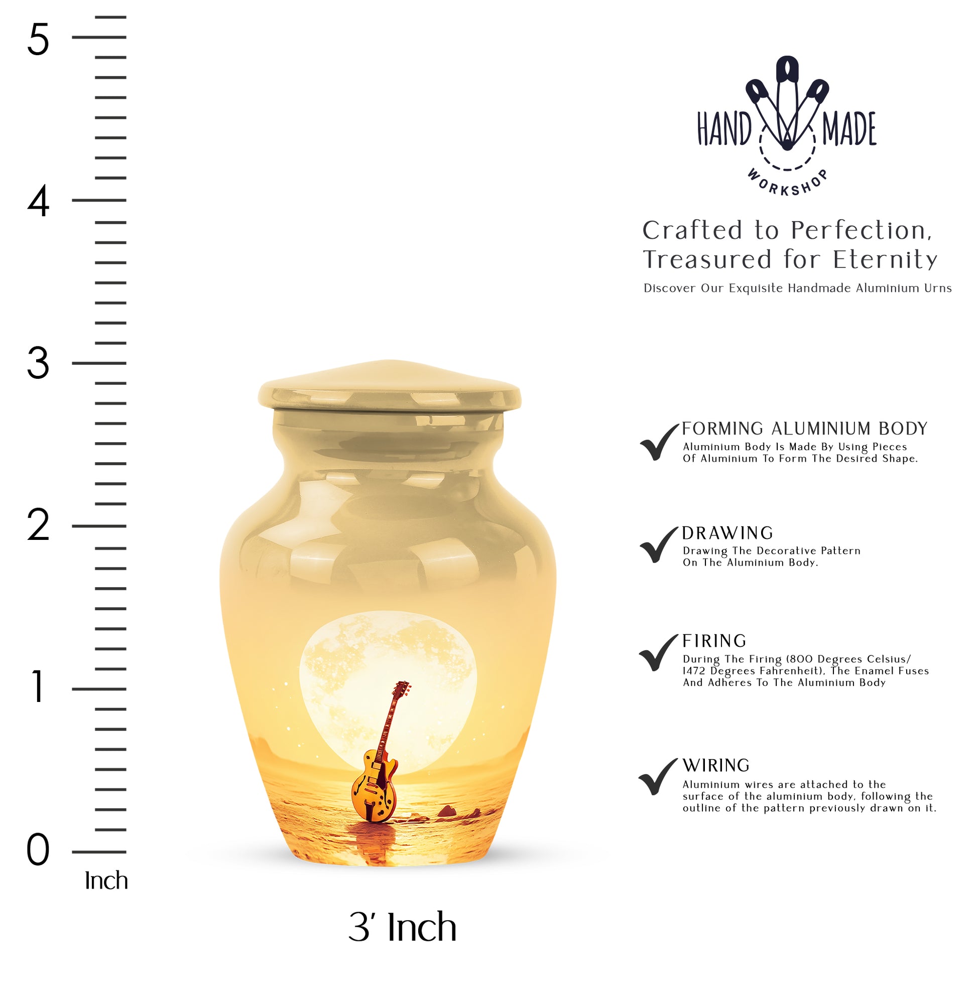 Warm Gold Guitar Cremation Urn close-up of engraving and surface detail - traditional guitar engraving with hand-polished finish - mini keepsake memorial for portion of cremation ashes