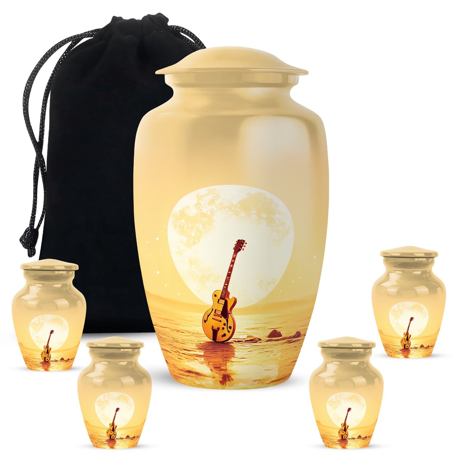 Burnished Gold Guitar Cremation Urn top-down view of secure threaded lid - traditional guitar engraving with hand-polished finish - memorial set with one large and four small urns