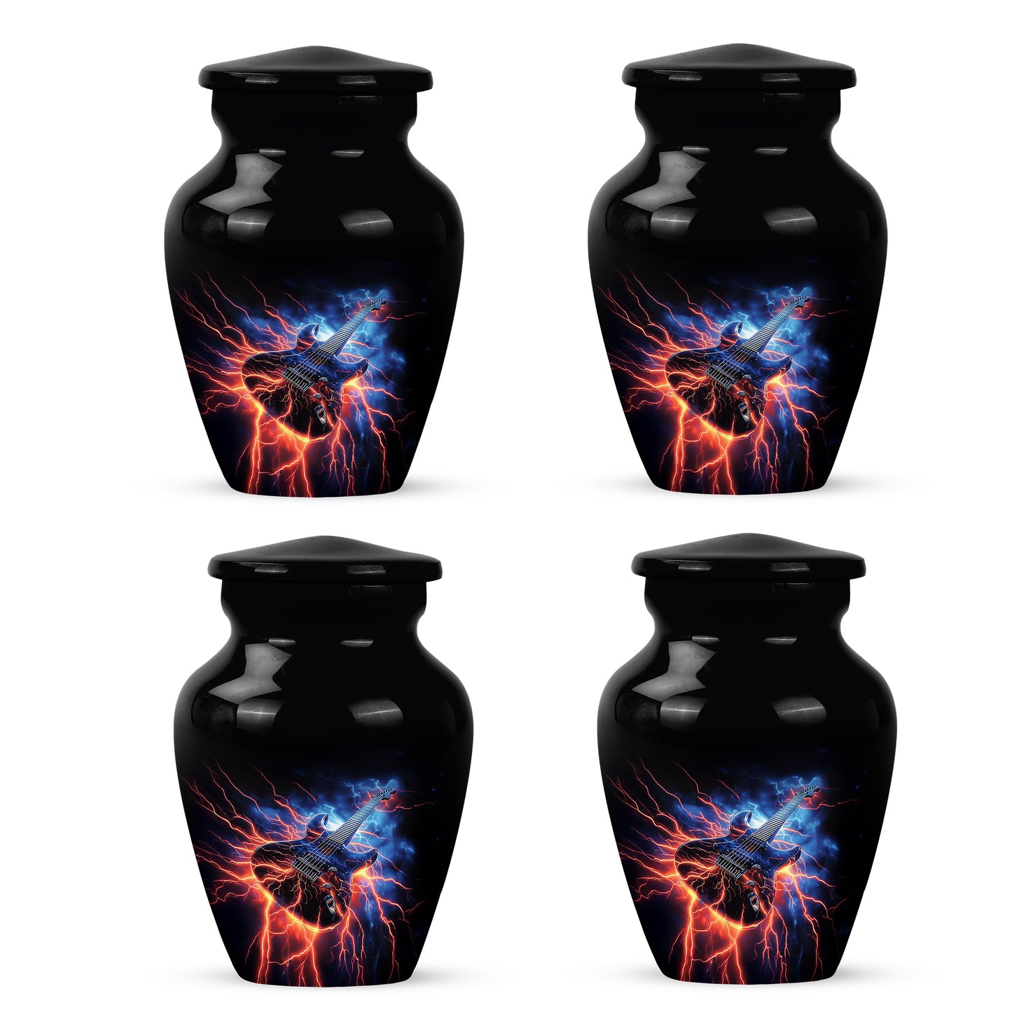 Dark Black Guitar Cremation Urn side profile showing urn shape - elegant classic guitar relief with fine detailing - 10 inch aluminum urn for cremated remains