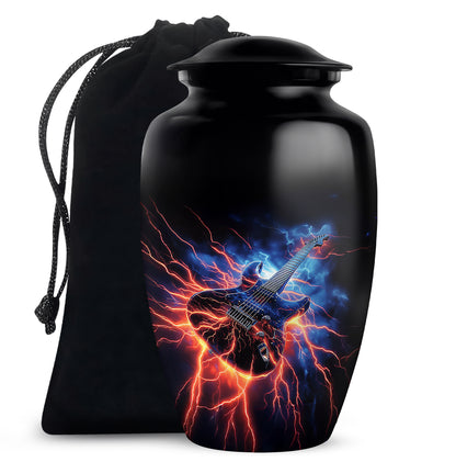 Glossy Black Guitar Cremation Urn angled view of lid and engraved motif - timeless guitar motif etched into premium metal - full-size 10 inch 200 cubic inch adult cremation urn