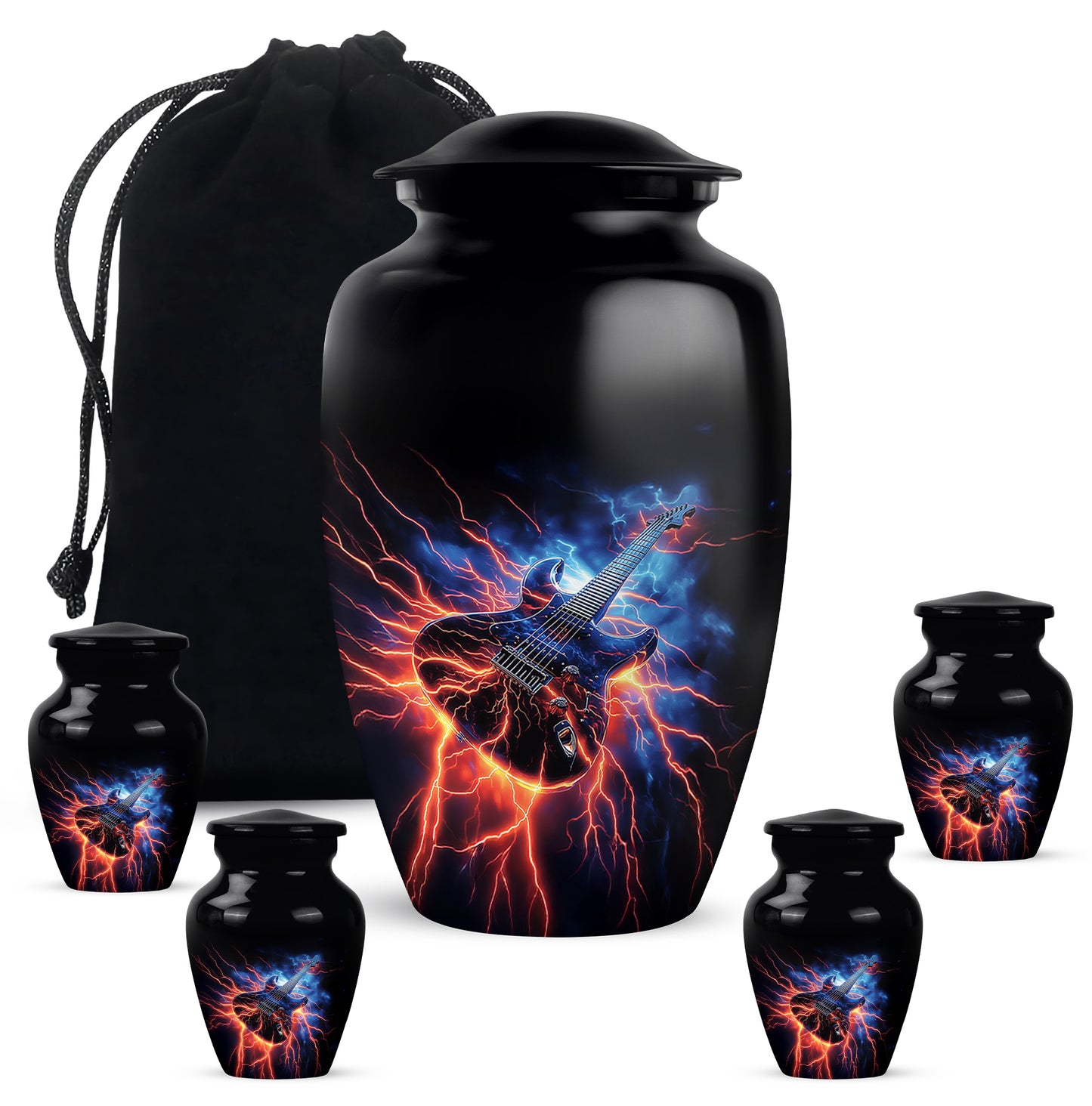 Deep Black Guitar Cremation Urn top-down view of secure threaded lid - timeless guitar motif etched into premium metal - memorial set with one large and four small urns