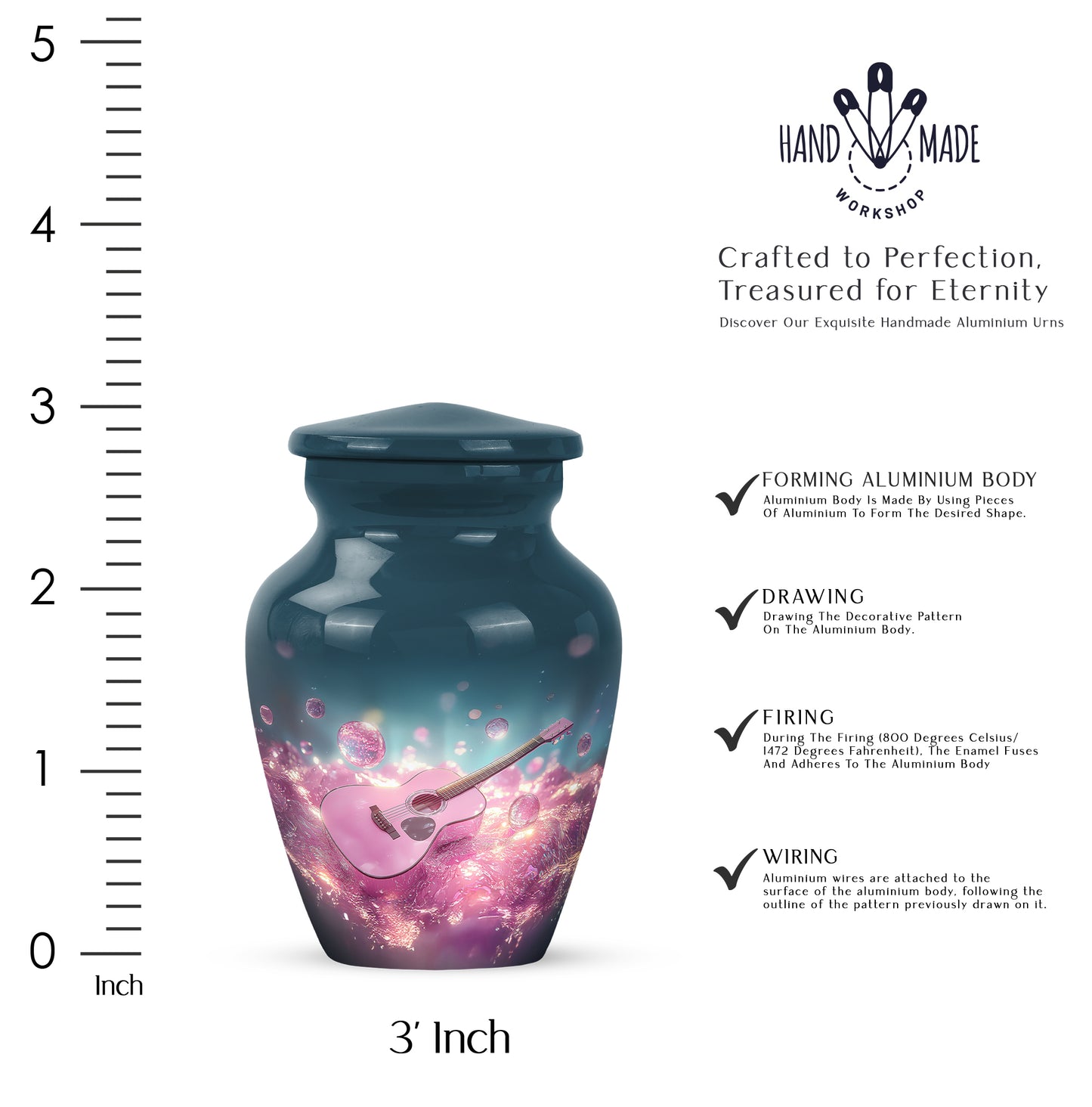 Twilight Blue Guitar Cremation Urn close-up of engraving and surface detail - elegant classic guitar relief with fine detailing - mini keepsake memorial for portion of cremation ashes