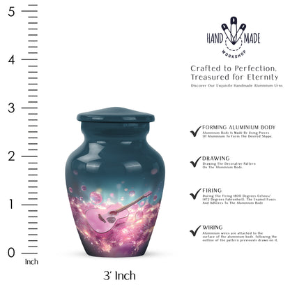 Twilight Blue Guitar Cremation Urn close-up of engraving and surface detail - elegant classic guitar relief with fine detailing - mini keepsake memorial for portion of cremation ashes