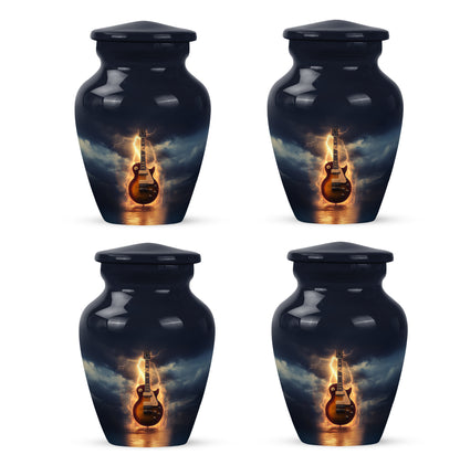 Royal Blue Guitar Cremation Urn side profile showing urn shape - traditional guitar engraving with hand-polished finish - 10 inch aluminum urn for cremated remains