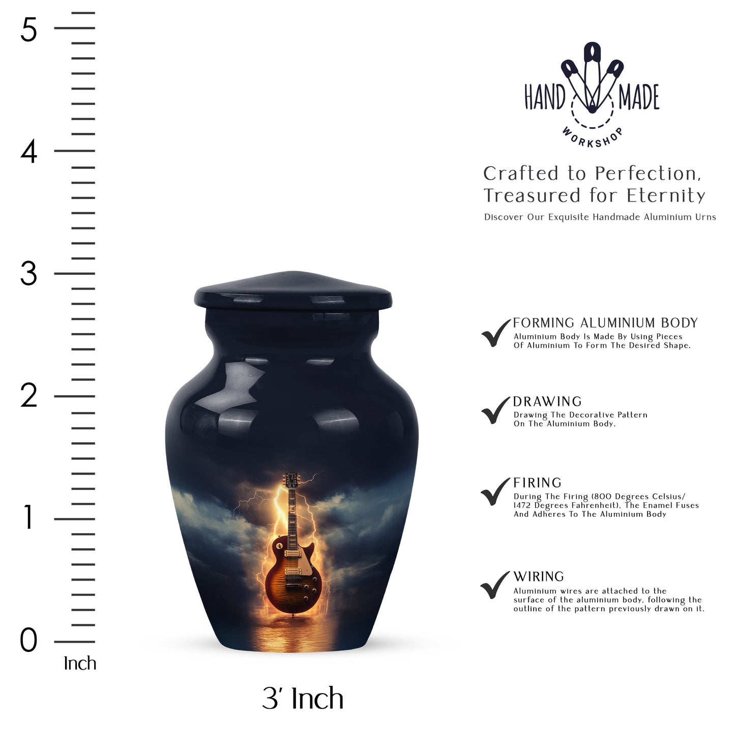 Steel Blue Guitar Cremation Urn close-up of engraving and surface detail - traditional guitar engraving with hand-polished finish - mini keepsake memorial for portion of cremation ashes