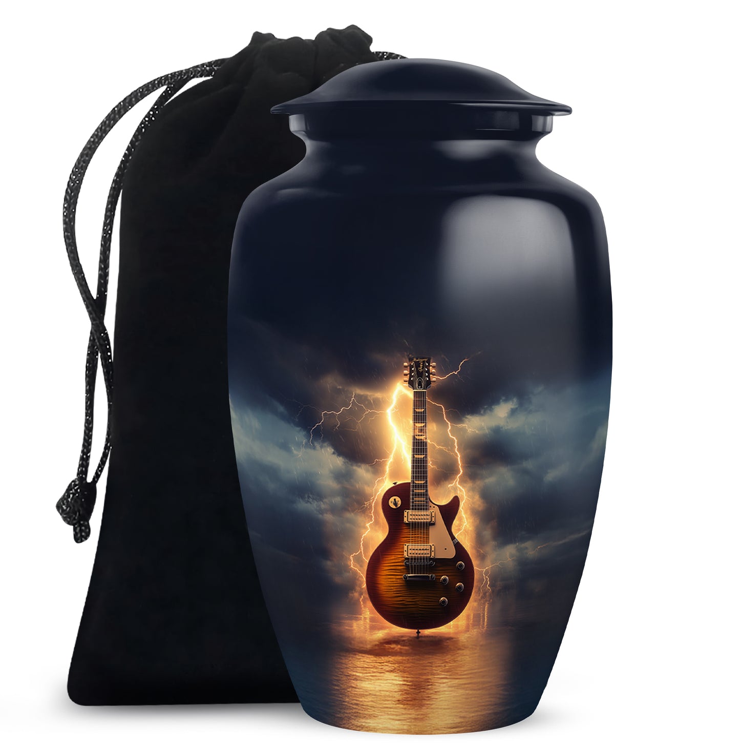 Sapphire Blue Guitar Cremation Urn angled view of lid and engraved motif - traditional guitar engraving with hand-polished finish - full-size 10 inch 200 cubic inch adult cremation urn