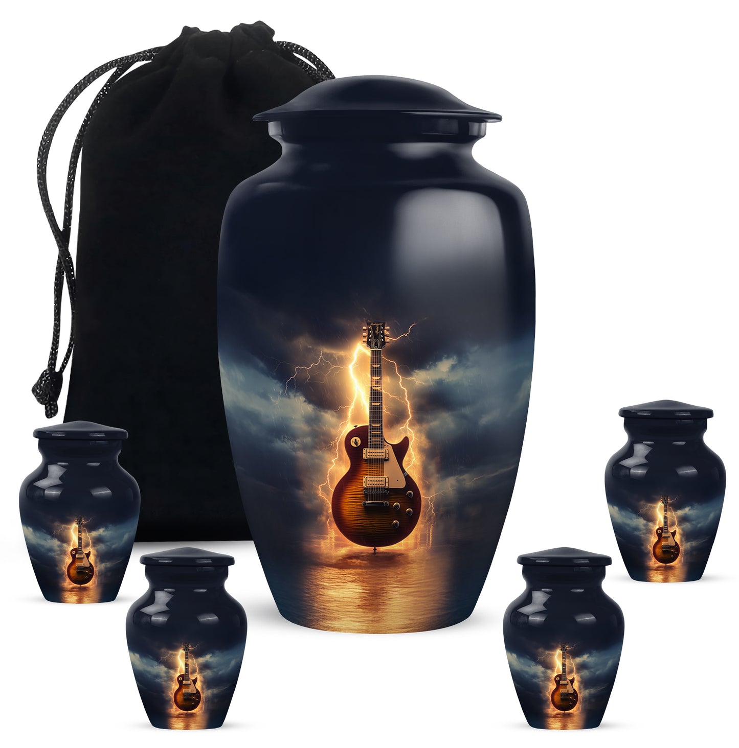 Cornflower Blue Guitar Cremation Urn top-down view of secure threaded lid - elegant classic guitar relief with fine detailing - memorial set with one large and four small urns