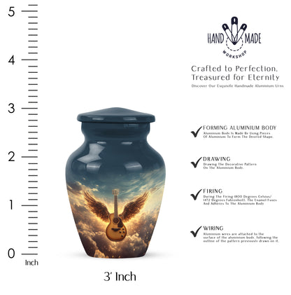 Dusty Blue Guitar Cremation Urn close-up of engraving and surface detail - timeless guitar motif etched into premium metal - mini keepsake memorial for portion of cremation ashes