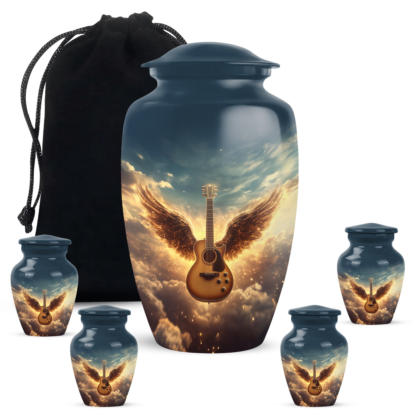 Cobalt Blue Guitar Cremation Urn top-down view of secure threaded lid - traditional guitar engraving with hand-polished finish - memorial set with one large and four small urns