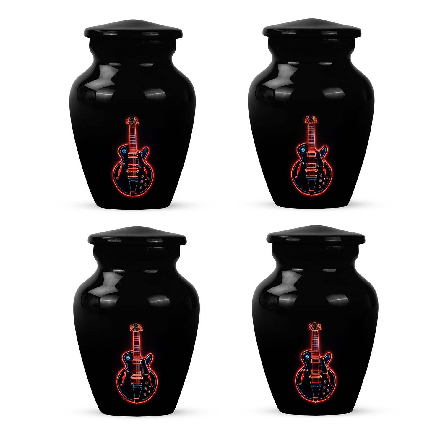 Charcoal Black Guitar Cremation Urn side profile showing urn shape - traditional guitar engraving with hand-polished finish - 10 inch aluminum urn for cremated remains