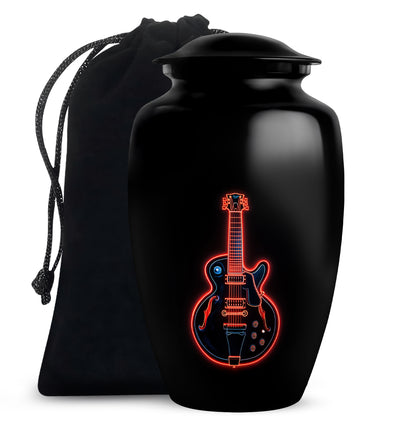 Onyx Black Guitar Cremation Urn angled view of lid and engraved motif - elegant classic guitar relief with fine detailing - full-size 10 inch 200 cubic inch adult cremation urn