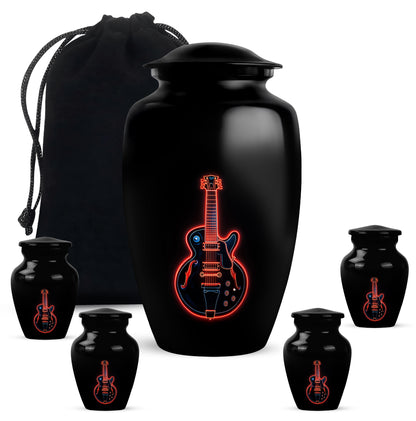 Glossy Black Guitar Cremation Urn top-down view of secure threaded lid - classic sculpted guitar pattern on smooth aluminum - memorial set with one large and four small urns
