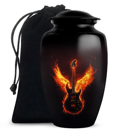 Midnight Black Guitar Cremation Urn angled view of lid and engraved motif - elegant classic guitar relief with fine detailing - full-size 10 inch 200 cubic inch adult cremation urn