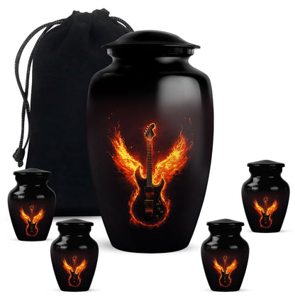 Jet Black Guitar Cremation Urn top-down view of secure threaded lid - classic sculpted guitar pattern on smooth aluminum - memorial set with one large and four small urns